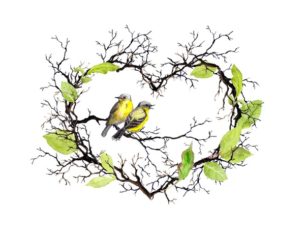 Heart shape with twigs, spring leaves and two birds. Watercolor floral wreath for wedding — Stock Photo, Image