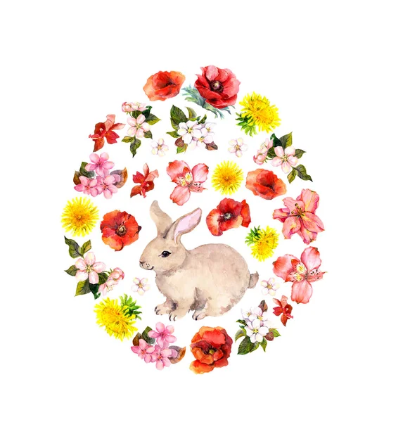 부활절 달걀 모양-토끼, 빨간색, 노란색 봄 꽃, 양 귀 비. 꽃 수채화 — 스톡 사진