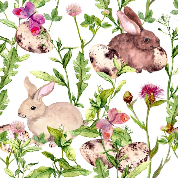Пасхальний кролик, кольорові яйця в траві та квітах. Повторюючи квітковий Великодній фон. Акварель — стокове фото