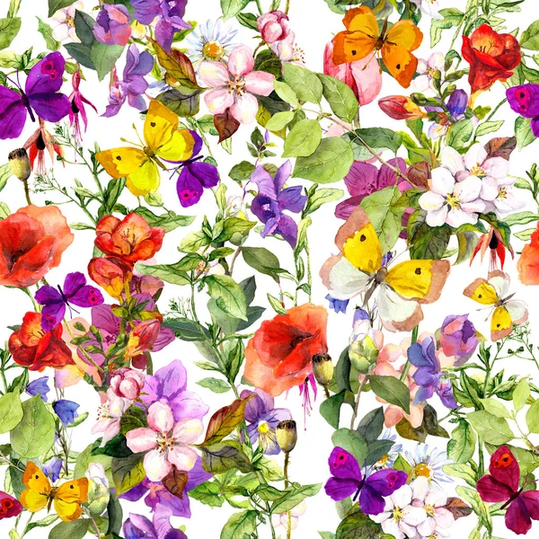 Flores, mariposas. Patrón floral repetido para el diseño de moda. Acuarela —  Fotos de Stock