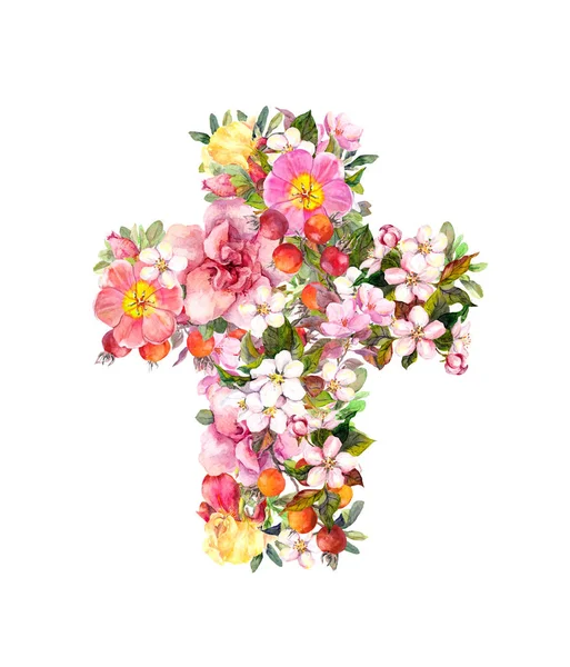 Хрест з квітами. Акварель для Великодня — стокове фото
