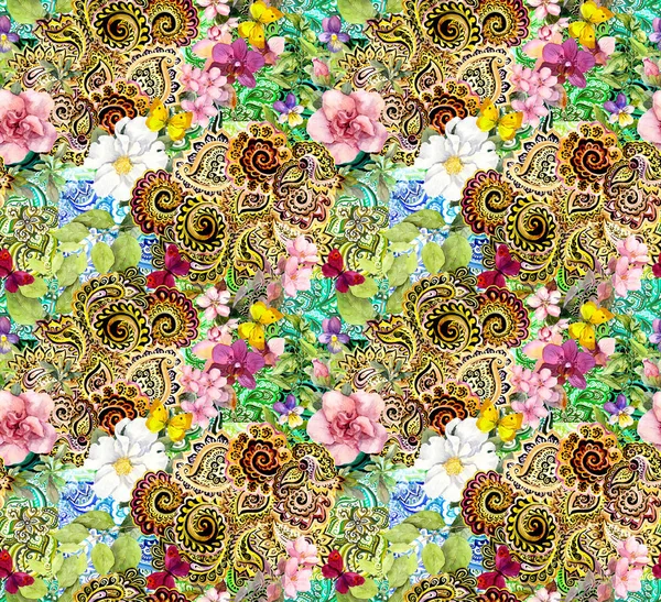 Blumen, Schmetterlinge, goldene arabische Ornamente. Aquarell nahtloses Muster — Stockfoto