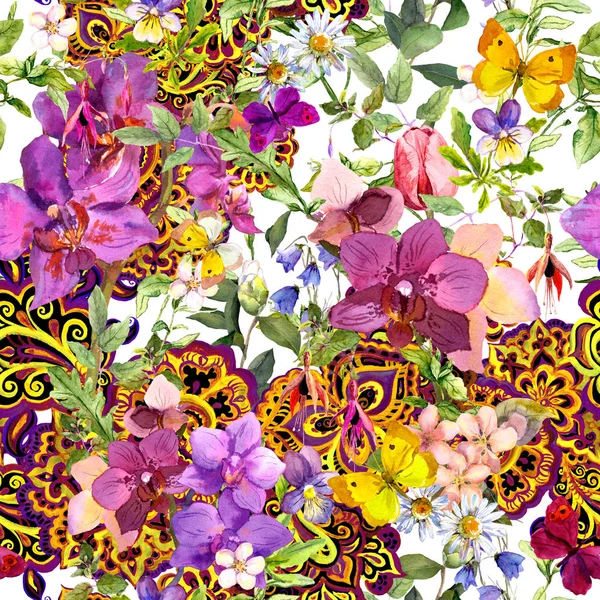 重复复古花卉背景。现代装饰佩斯利, 鲜花的时装设计。水彩 — 图库照片