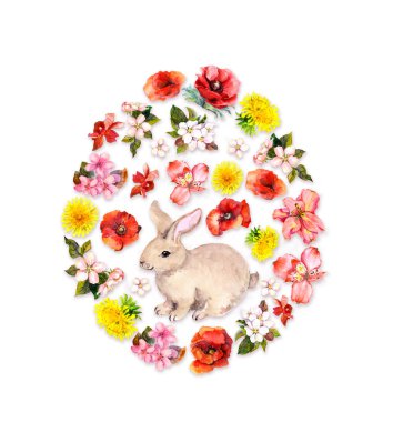Paskalya yumurta Şekil - bunny, kırmızı, sarı bahar çiçekleri, haşhaş. Çiçek suluboya