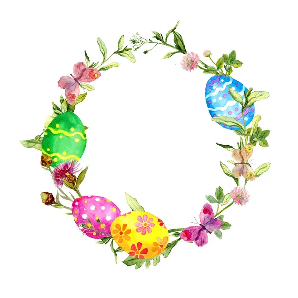 Easter wreath with easter eggs in grass, flowers. Circle border. Watercolor — Stock Photo, Image