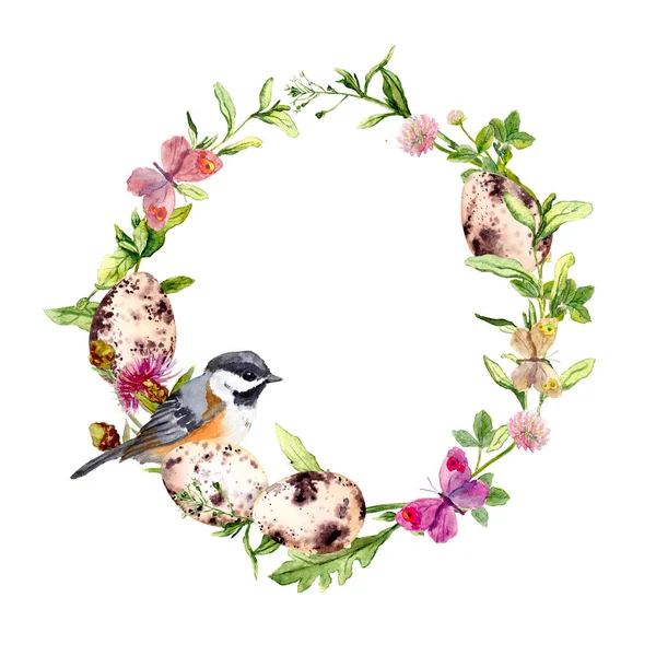 Easter wreath with eggs, bird in grass, flowers. Round frame. Watercolor — Stock Photo, Image