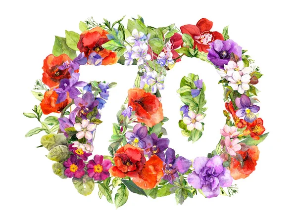 Bloemen nummer 70 70 van wilde bloemen en weidegras. Aquarel voor jubileum kaart — Stockfoto