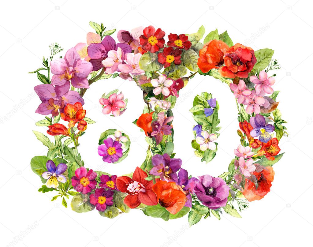 Floral number 80 eighty from wild flowers and meadow grass. Watercolor for anniversary card