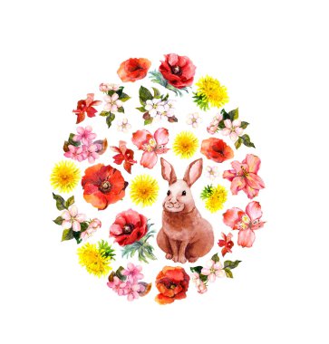 Paskalya yumurta Şekil - bunny, kırmızı, sarı bahar çiçekleri, haşhaş. Çiçek suluboya