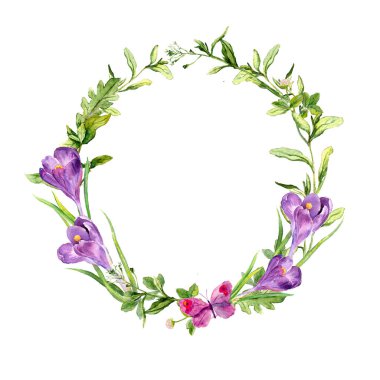 Bahar Crocus çiçekler, çimen, kelebek ile Paskalya çelenk. Daire çerçevesi. Suluboya