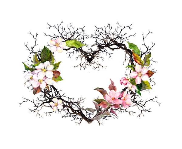 Tvar srdce. Větve, jabloň, květy sakura. Akvarelu květinový věnec pro svatbu, jaro karty — Stock fotografie
