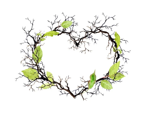 Hjärta form. Grenar, våren blad. Akvarell blommig krans för bröllop, spring kort — Stockfoto