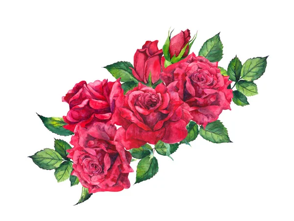赤いバラの花束水彩画、ロマンチックな構成 — ストック写真