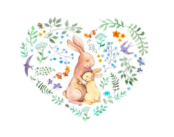 Coeur pour la fête des mères - mère lapin embrasser son enfant. Carte aquarelle avec animaux, fleurs, oiseaux — Photo