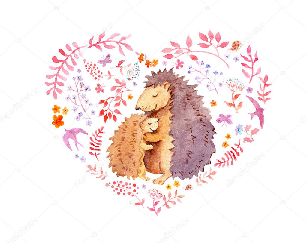 Heart for Mothers day - mother hedgehog hugs her child. Watercolor card with cute animals, flowers, birds