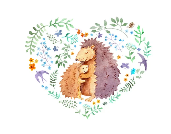 Heart for Mothers day - mother hedgehog hugs her child. Watercolor card with cute animals, flowers, birds — Stock Photo, Image