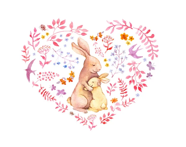 Mothers day card with heart - mother rabbit hugging her kid. Flowers, birds, butterflies. Watercolor