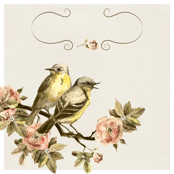 Tarjeta Vintage con diseño floral y pájaros sobre papel envejecido —  Fotos de Stock