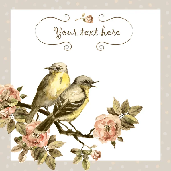 Retro postcard in brown sepia color with vintage birds, flower roses — Stock Photo, Image