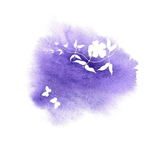 花、蝶花のカード。シルエットと水彩スプラッシュの背景. — ストック写真