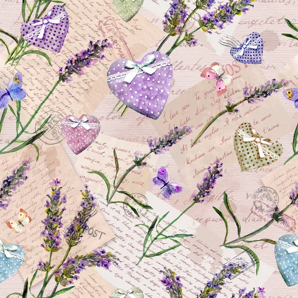 손으로 쓴 노트, 편지, 라벤더 꽃, 마음, 나비. 빈티지 오래된 종이에서 원활한 패턴 — 스톡 사진