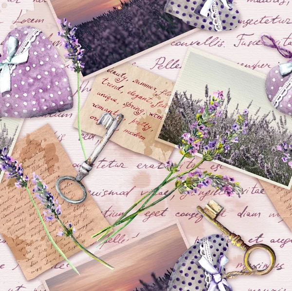 Carta invecchiata vintage con fiori di lavanda, lettere scritte a mano, vecchie chiavi, cuori tessili. Ripetizione dello sfondo — Foto Stock