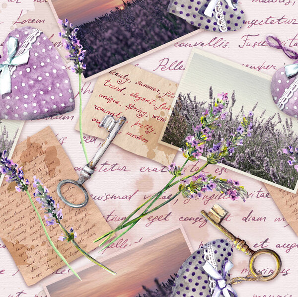 Vintage aged paper with lavender flowers, hand written letters, old keys, textile hearts. Repeating background