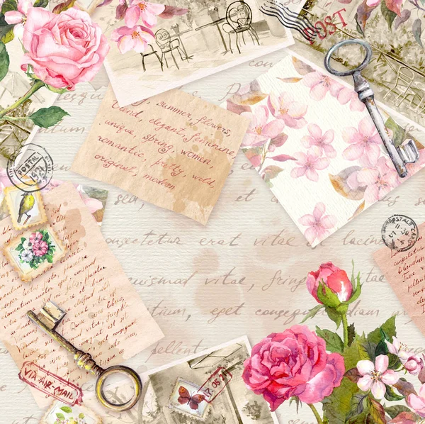 Vintage oude papier met hand geschreven brieven, Foto's, stempels, sleutels, aquarel rose bloemen. Kaart of blanco ontwerp — Stockfoto