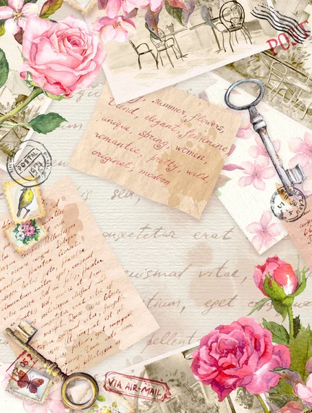 Винтажная старая бумага с рукописными письмами, фотографиями, штампами, ключами, акварельными цветами розового цвета. Карточка или пустой дизайн — стоковое фото