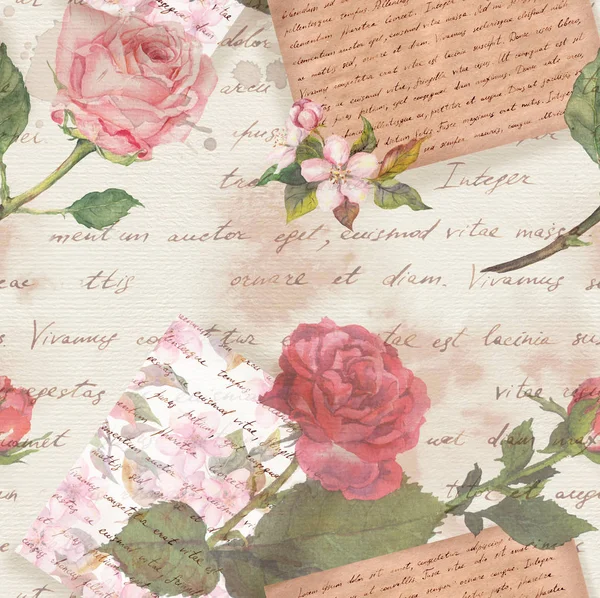 Vintage régi papír kézzel írott levelek, akvarell Rózsa virágok törmelék könyv — Stock Fotó