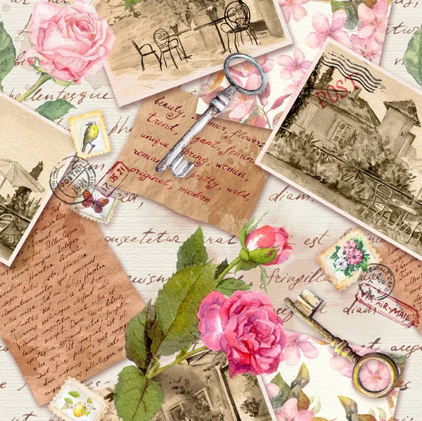 Винтажная старая бумага с рукописными письмами, фотографиями, штампами, ключами, акварельными цветами розового цвета для лома книги. Ностальгический дизайн — стоковое фото