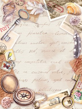 Vintage seyahat kartı, boş. Pusula, el yazısıyla yazılmış mektuplar, eski anahtarlar, pullar, mühürler, kabuklar. Mektuplar, tüyler