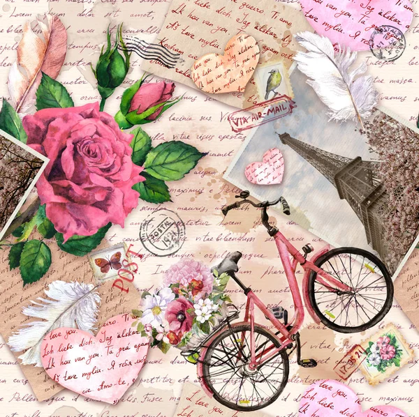 Handskrivna brev, hjärtan, cykel med blommor i korg, Vintage foto av Eiffeltornet, rosa blommor, Postfrimärken, fjädrar. Sömlös mönster om kärlek, Frankrike, Paris — Stockfoto