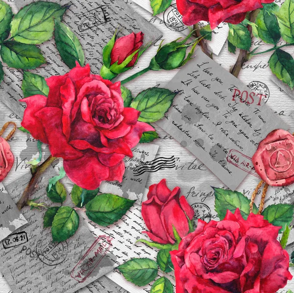 Vintage oude letters met de hand geschreven notities, postzegels, aquarel rode roos bloemen. Naadloos patroon — Stockfoto