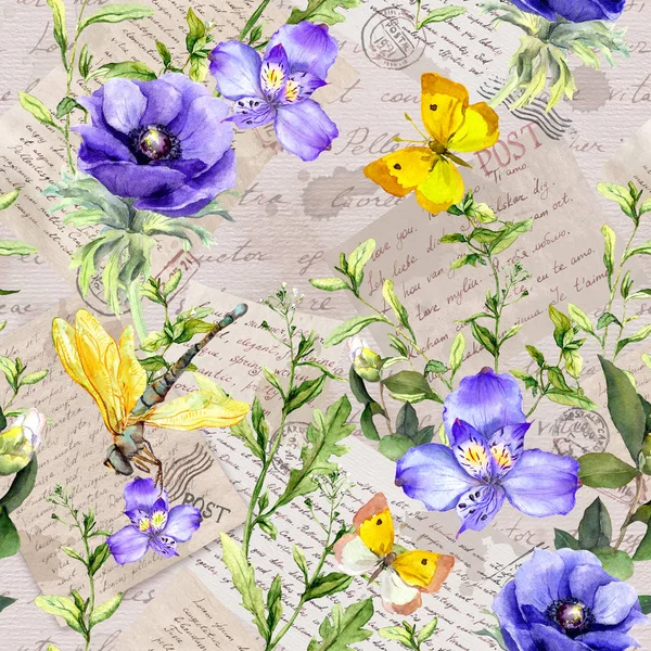 Hand geschreven brieven, postzegels, veld bloemen en grassen. Naadloze patroon op vintage oud papier — Stockfoto