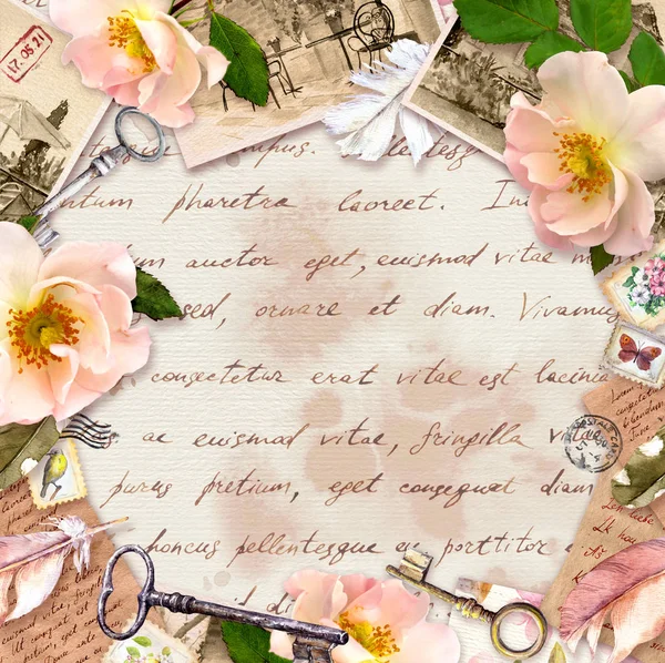 Moldura vintage, design retro, papel velho, flores de rosas, notas, penas de aquarela, chaves. Cartão com espaço vazio para o seu texto — Fotografia de Stock