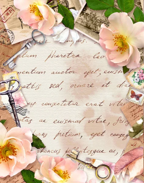 Vintage frame, retro design, Old paper, roses flowers, notes, watercolor feathers, keys. Card with empty space for your text — Stock Photo, Image