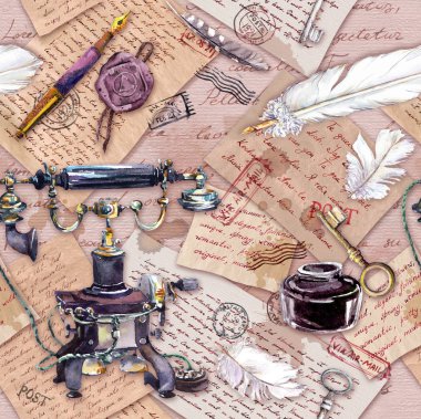 Vintage telefon, mürekkep şişesi, kalem, yazılı tüy, yaşlı kağıt, eski harfler, el yazılı metin, Vintage anahtarlar. Dikişsiz desen. Suluboya