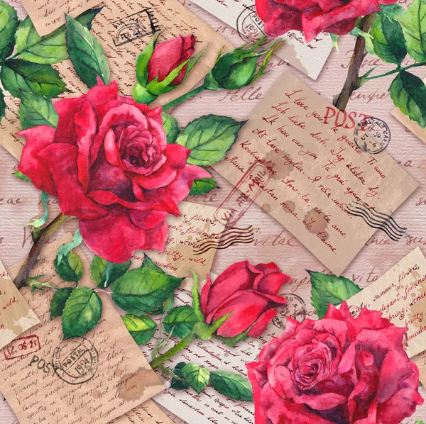Textura de papel envelhecida vintage com texto manuscrito, selos postais, flores vermelhas rosa. Padrão sem costura, aquarela — Fotografia de Stock