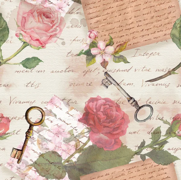 Vintage oude papier met hand geschreven brieven, leeftijd sleutels, aquarel rose bloemen voor schroot boek — Stockfoto