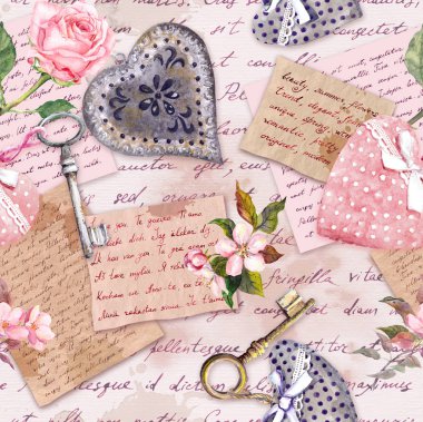 Vintage yaşlı kağıt, çiçekler, el yazılı mektuplar, anahtarlar, güller, pembe tekstil kalpleri. Kesintisiz arka plan