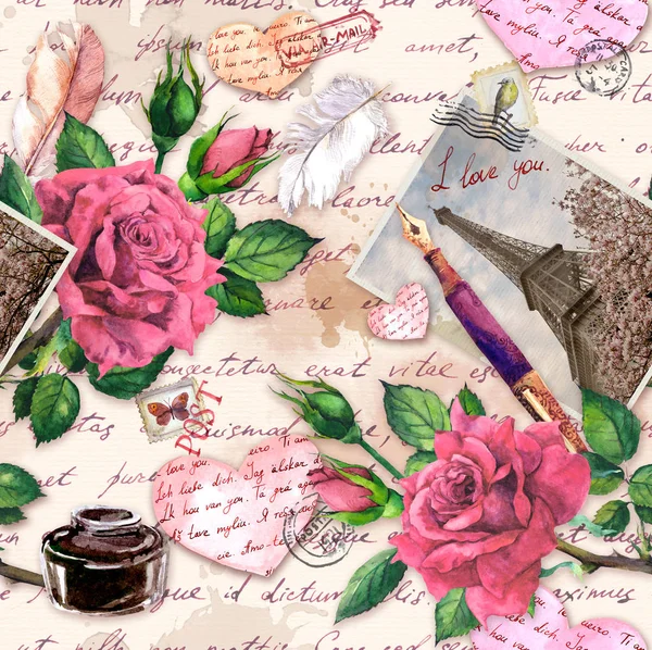Γραπτές σημειώσεις σ ' αγαπώ, στυλό, μπουκάλι μελανιού, χάρτινες καρδιές, vintage φωτογραφία του Πύργου του Άιφελ, λουλούδια από τριαντάφυλλο, ταχυδρομικά γραμματόσημα. Επαναλαμβανόμενο μοτίβο για τη Γαλλία, το Παρίσι για την ημέρα του Αγίου Βαλεντίνου, γαμήλια σχεδίαση — Φωτογραφία Αρχείου