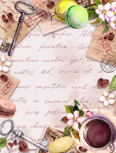 Tarjeta antigua vintage con café o taza de té, tartas de macarrones, flores, texto escrito a mano, llaves. Diseño retro en estilo francés —  Fotos de Stock