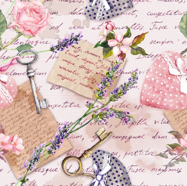 Vintage aged paper with lavender flowers, hand written letters, keys, roses, pink textile hearts. Seamless background