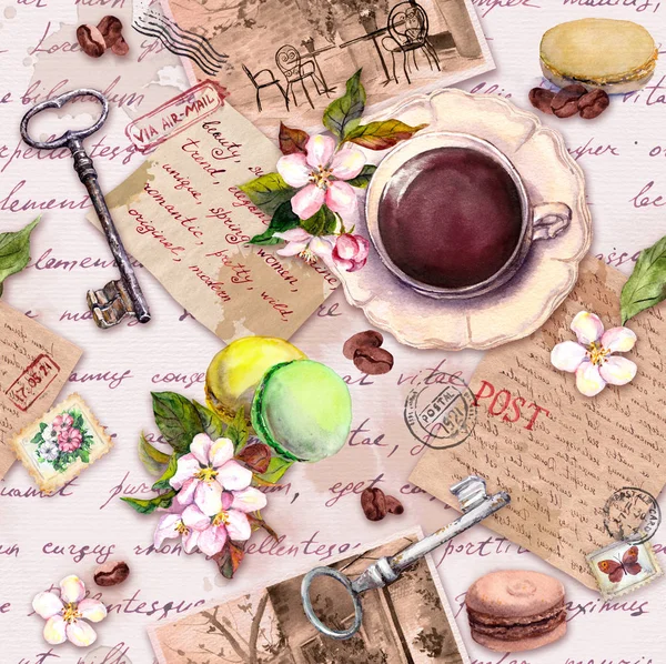 Vieux papier vintage, tasse de café ou de thé, gâteaux macarons, fleurs, lettres manuscrites, clés. Design rétro. Modèle sans couture — Photo