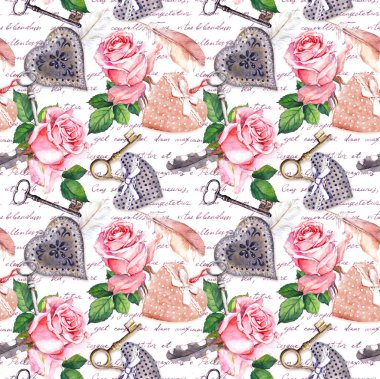 Kalpler, pembe güller çiçekler, vintage tüyler, el yazılı notlar ile kağıt doku üzerinde tuşları. Dikişsiz desen, vintage tarzı. Suluboya