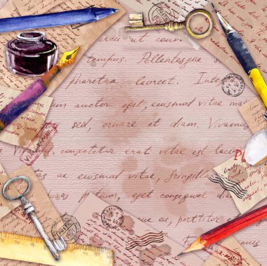 Yaşlı kağıt, mektuplar, el yazısı metin, vintage kalem, kalem, mürekkep şişesi. Vintage kart, boş, çerçeve