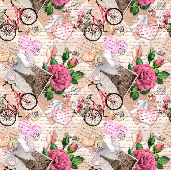Hand written text, notes, hearts, bicycle with flowers in basket, vintage photo of Eiffel Tower, rose flowers, postal stamps, feathers, old paper texture. Seamless pattern about love, France, Paris — Stock Photo, Image