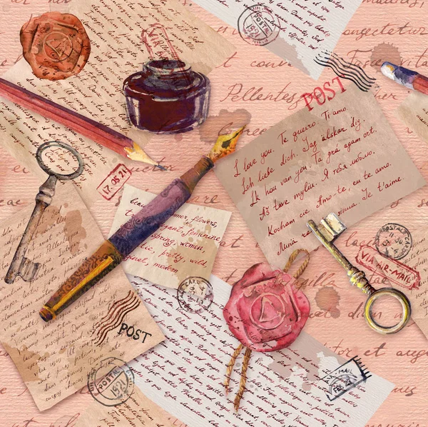 Papel envelhecido vintage com notas escritas à mão, chaves, ferramentas de escrita, selos postais. Padrão repetitivo — Fotografia de Stock