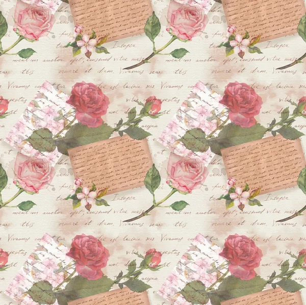 Papel viejo vintage con letras escritas a mano, flores de rosa acuarela para libro de chatarra — Foto de Stock